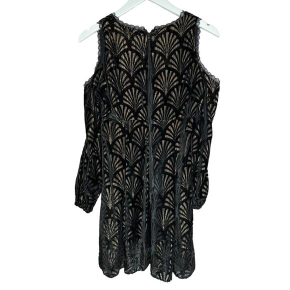Alice + Olivia Arla Cold Shoulder Black and Gold Fit and Flare Mini Dress Size 2 - Picture 9 of 12